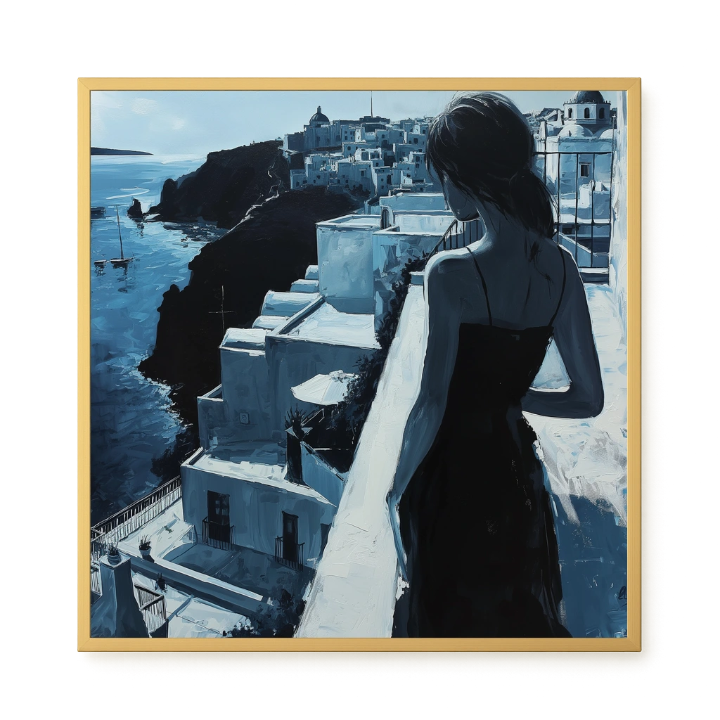 Woman Overlooking White Coastal Town Canvas Print