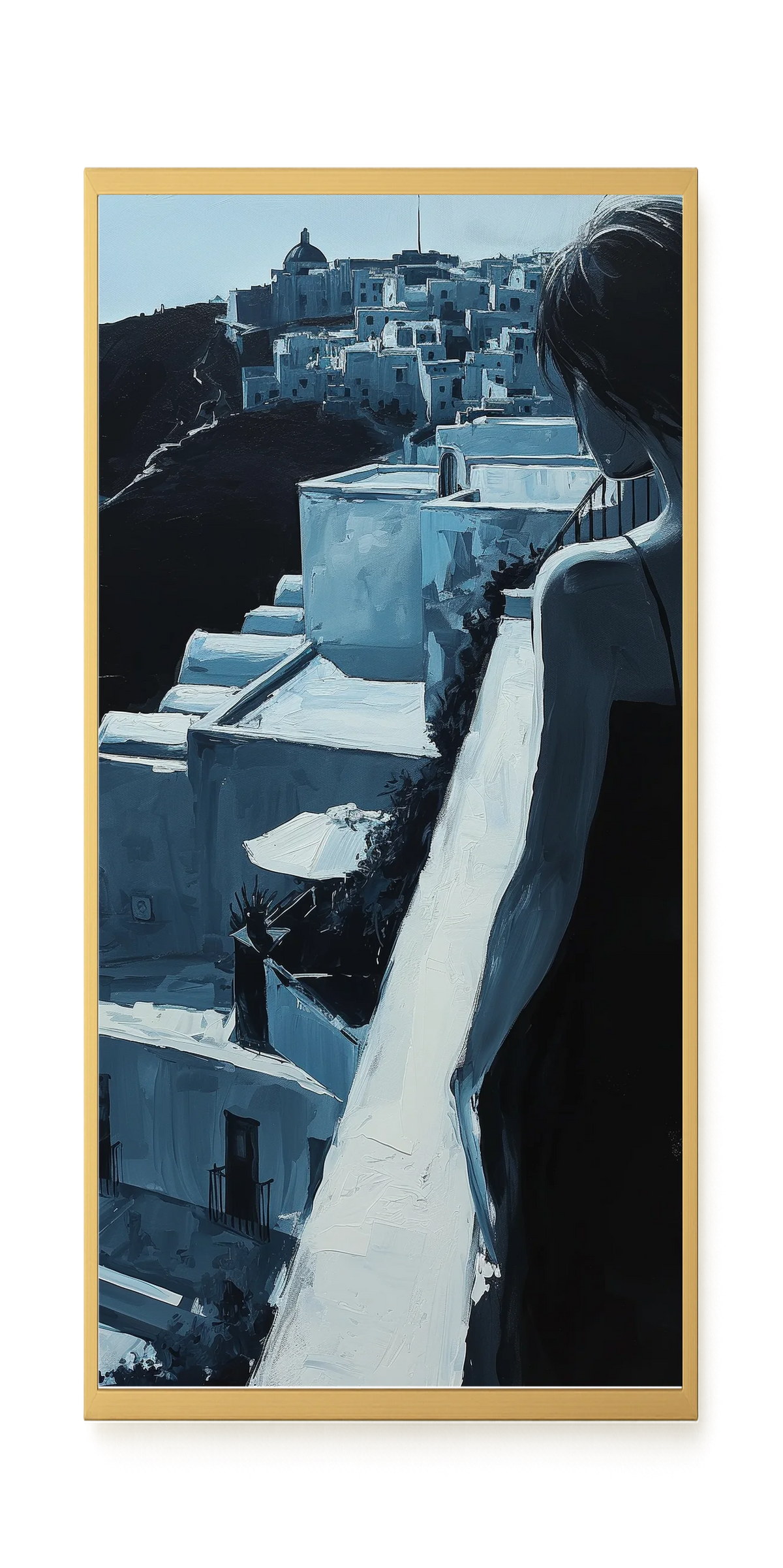 Woman Overlooking White Coastal Town Canvas Print