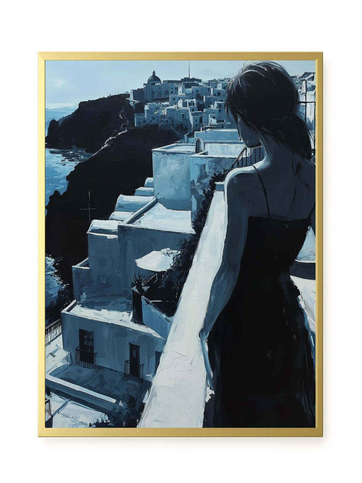 Woman Overlooking White Coastal Town Canvas Print