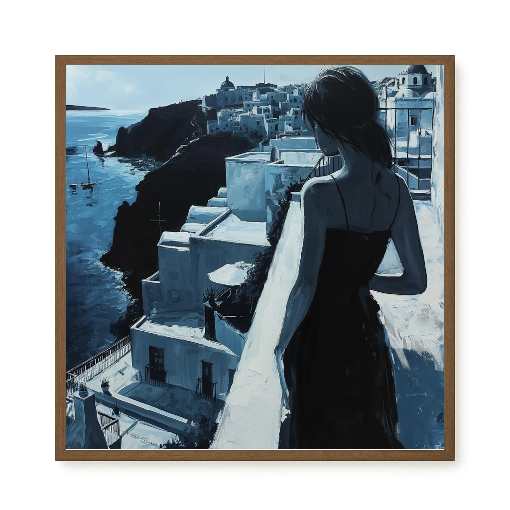 Woman Overlooking White Coastal Town Canvas Print