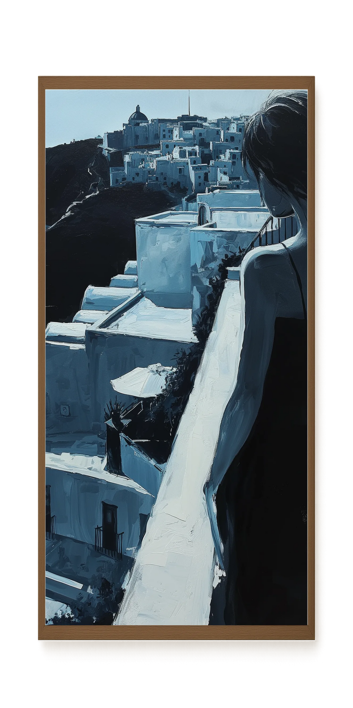 Woman Overlooking White Coastal Town Canvas Print