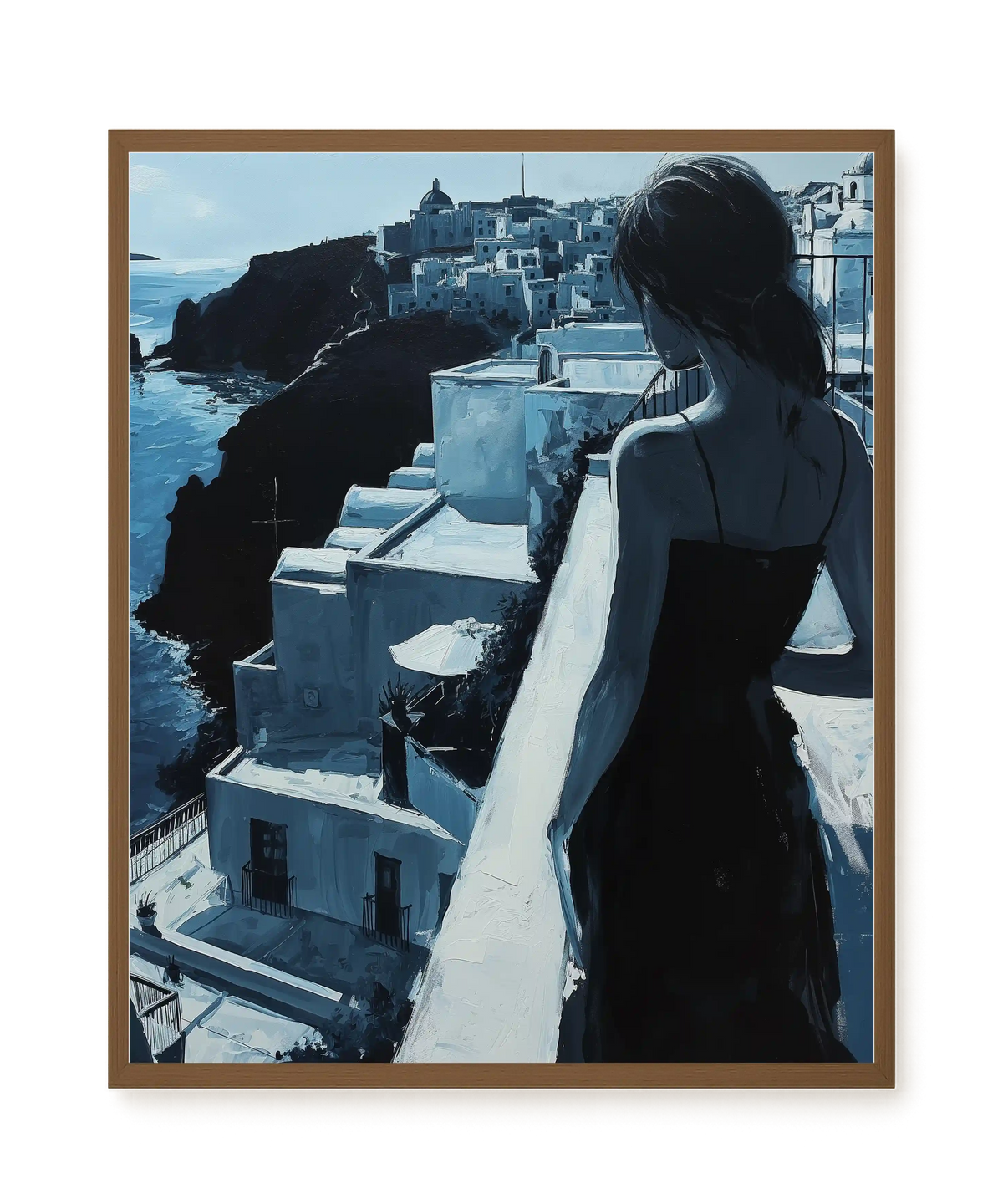 Woman Overlooking White Coastal Town Canvas Print