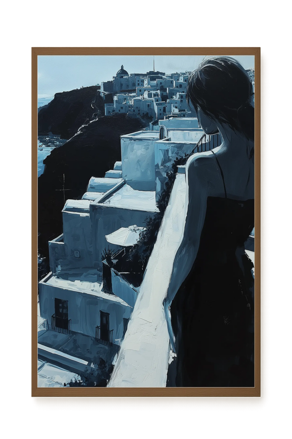 Woman Overlooking White Coastal Town Canvas Print