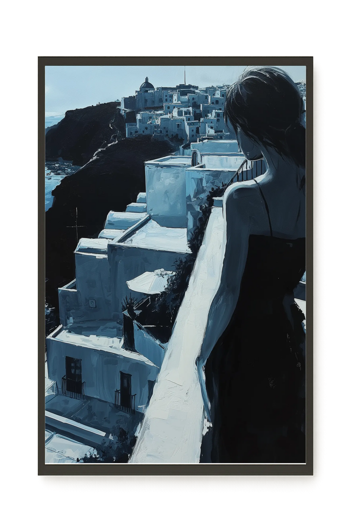 Woman Overlooking White Coastal Town Canvas Print