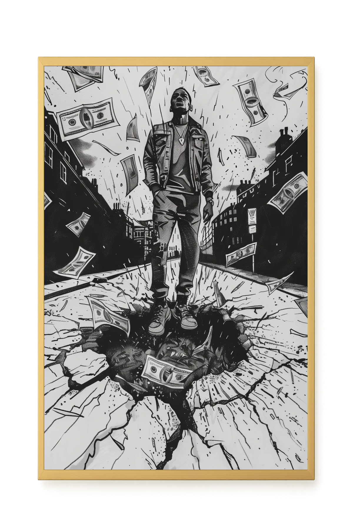 Man Surrounded by Falling Money Canvas Wall Art