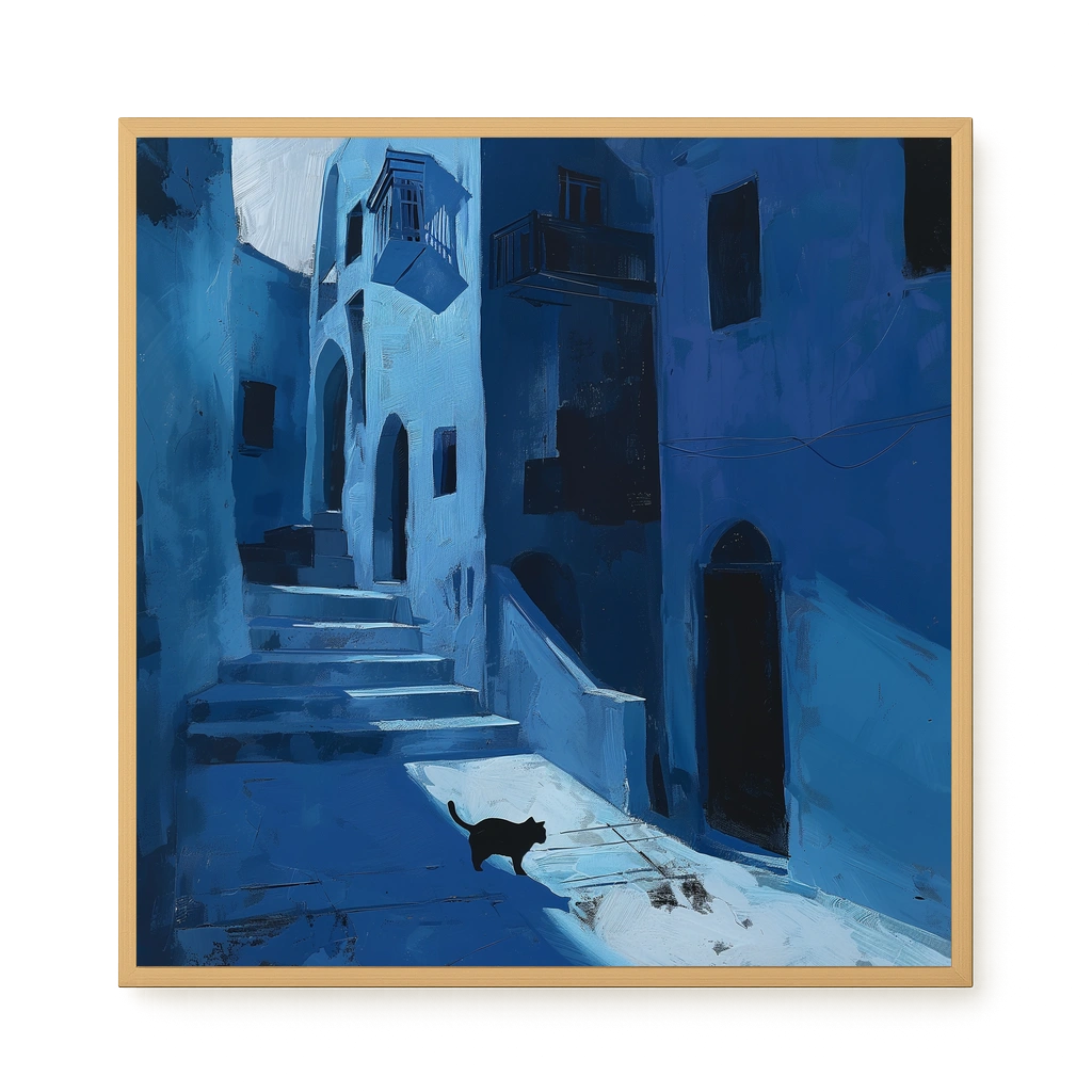 Blue Night Passage with Cat Canvas Wall Art