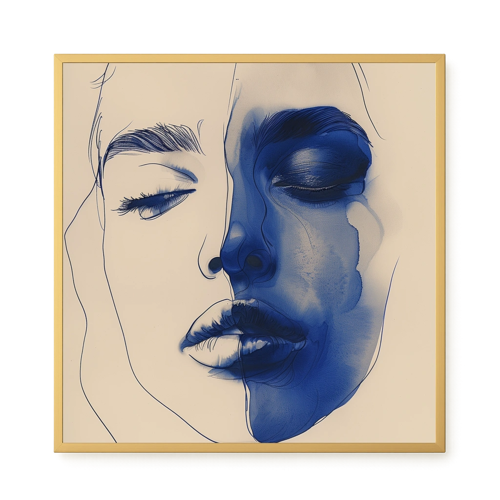 Abstract Face in Blue Ink Canvas Wall Art