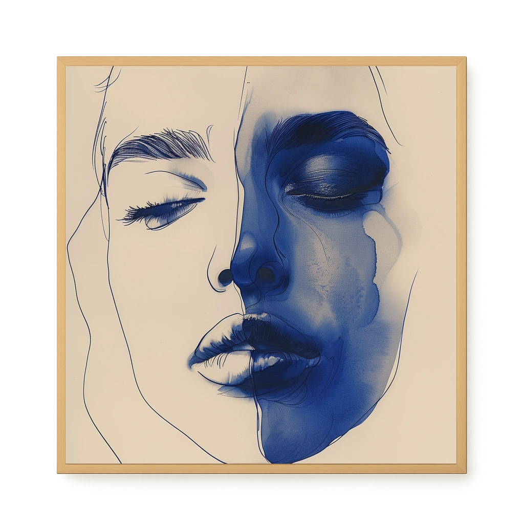 Abstract Face in Blue Ink Canvas Wall Art