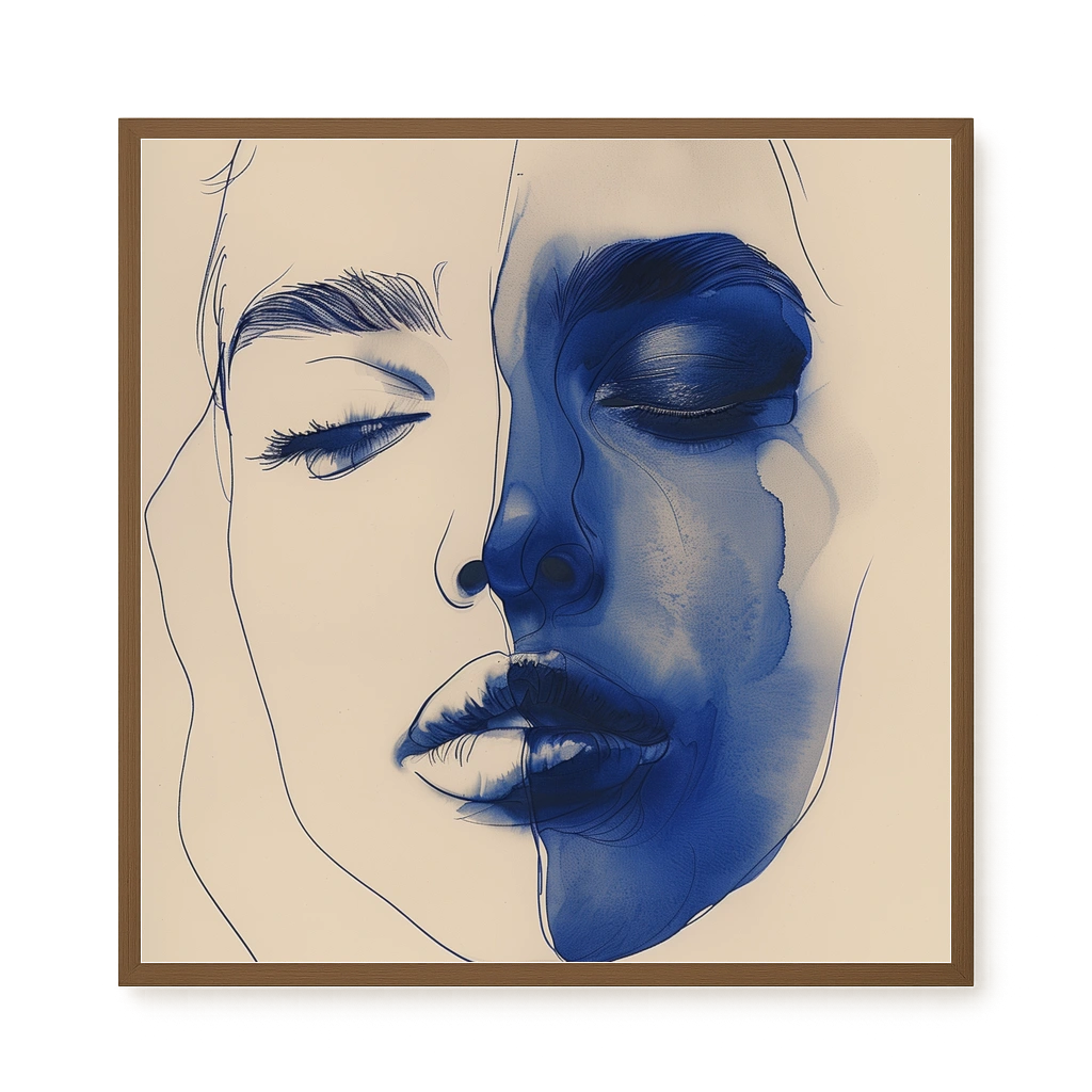 Abstract Face in Blue Ink Canvas Wall Art