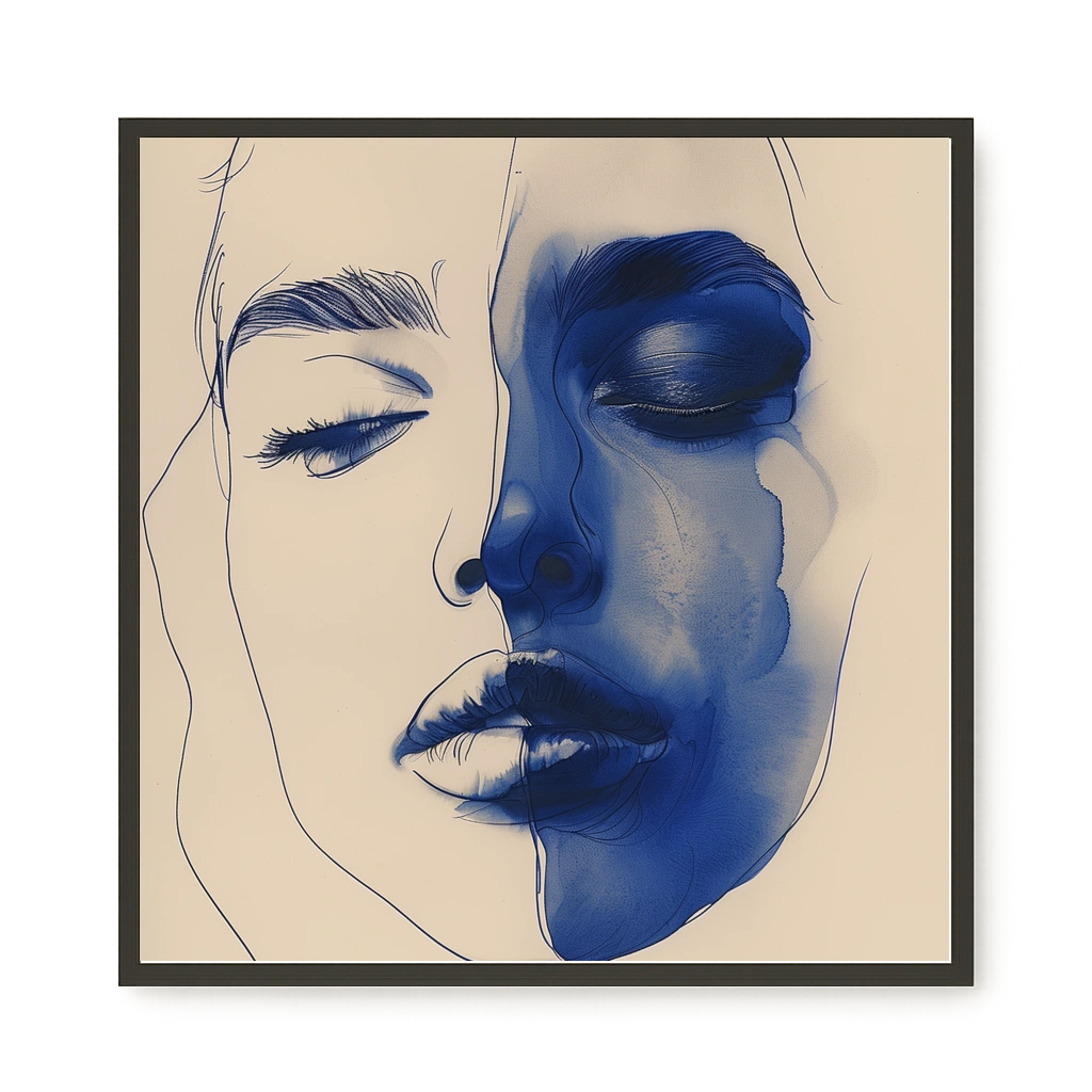 Abstract Face in Blue Ink Canvas Wall Art