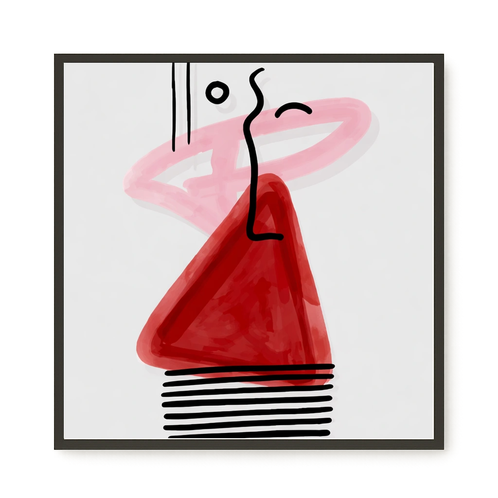 Abstract face with black lines and red triangle Canvas Wall Art