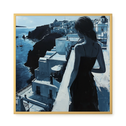 Woman Overlooking White Coastal Town Canvas Print