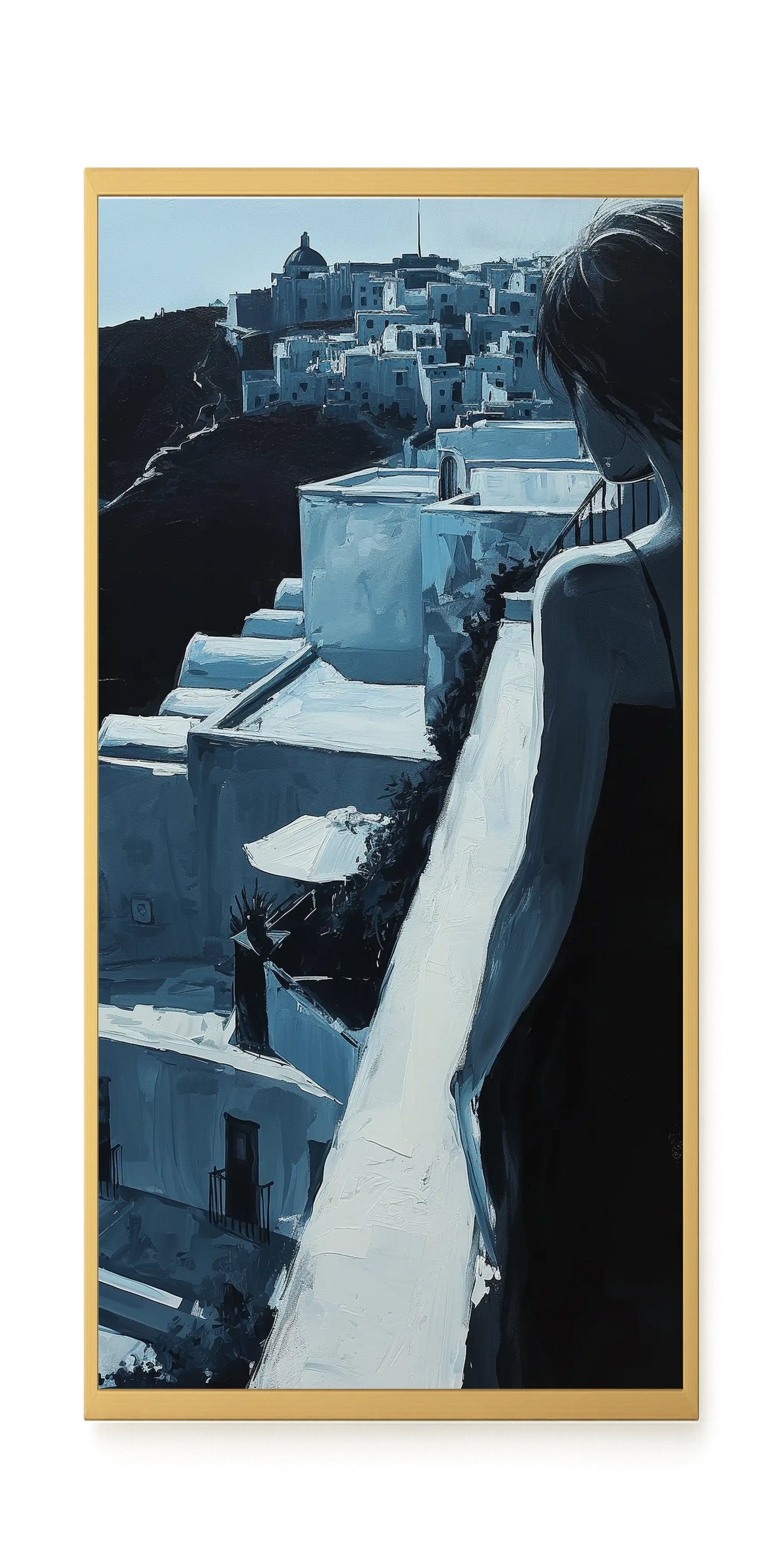 Woman Overlooking White Coastal Town Canvas Print