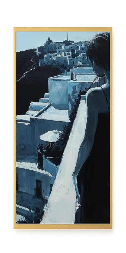 Woman Overlooking White Coastal Town Canvas Print