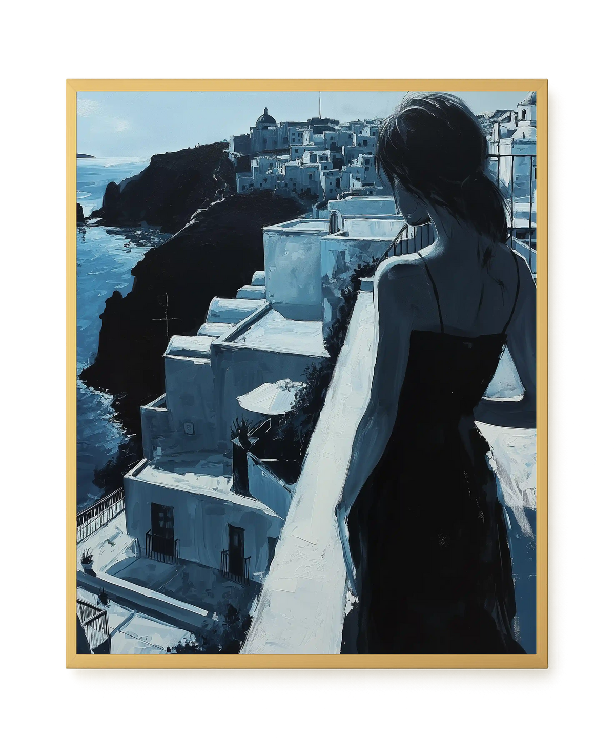 Woman Overlooking White Coastal Town Canvas Print
