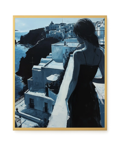 Woman Overlooking White Coastal Town Canvas Print