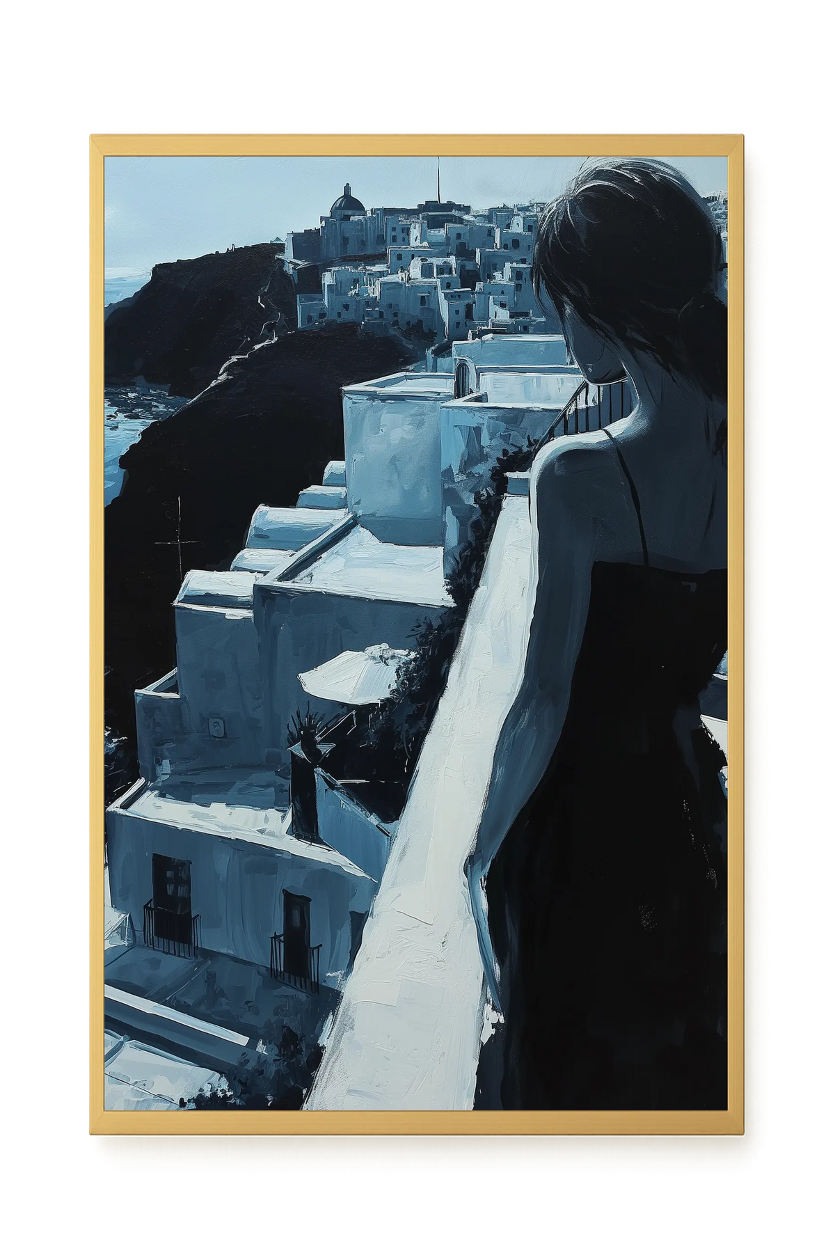 Woman Overlooking White Coastal Town Canvas Print