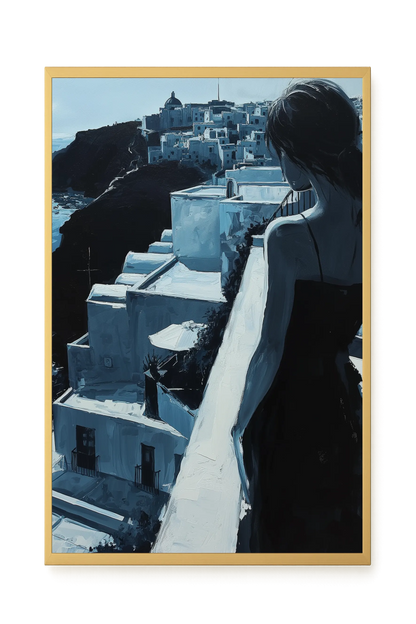 Woman Overlooking White Coastal Town Canvas Print