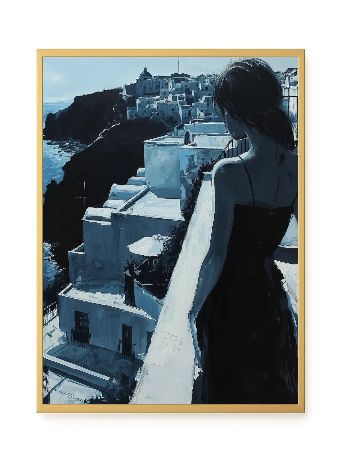 Woman Overlooking White Coastal Town Canvas Print