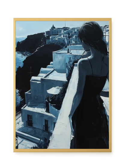Woman Overlooking White Coastal Town Canvas Print