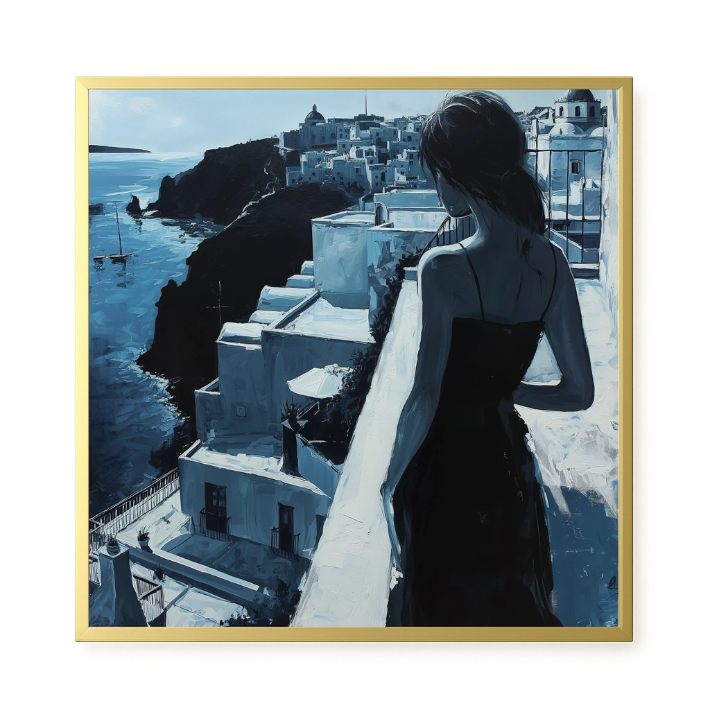 Woman Overlooking White Coastal Town Canvas Print