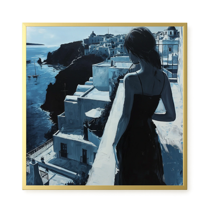 Woman Overlooking White Coastal Town Canvas Print