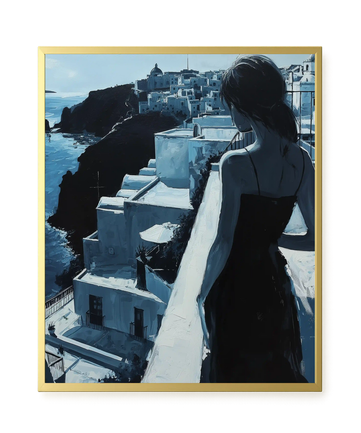 Woman Overlooking White Coastal Town Canvas Print