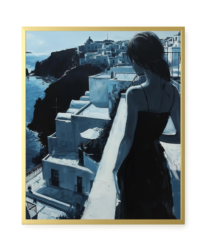 Woman Overlooking White Coastal Town Canvas Print