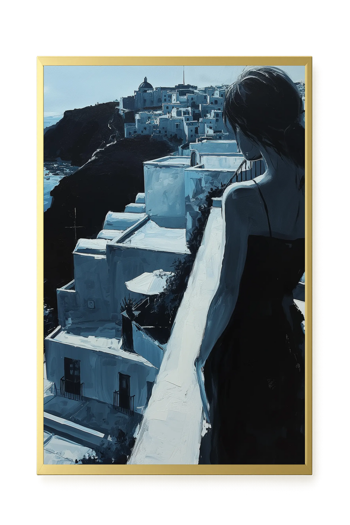 Woman Overlooking White Coastal Town Canvas Print