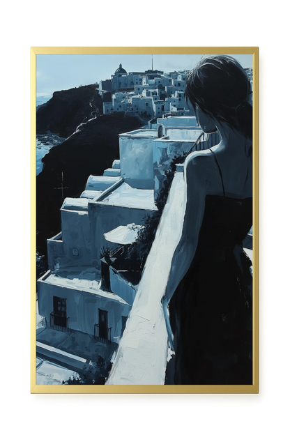 Woman Overlooking White Coastal Town Canvas Print