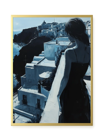 Woman Overlooking White Coastal Town Canvas Print