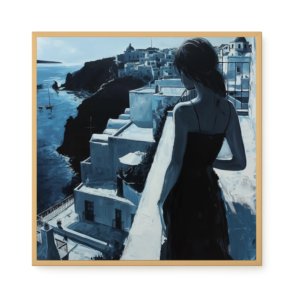 Woman Overlooking White Coastal Town Canvas Print