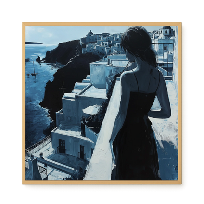 Woman Overlooking White Coastal Town Canvas Print