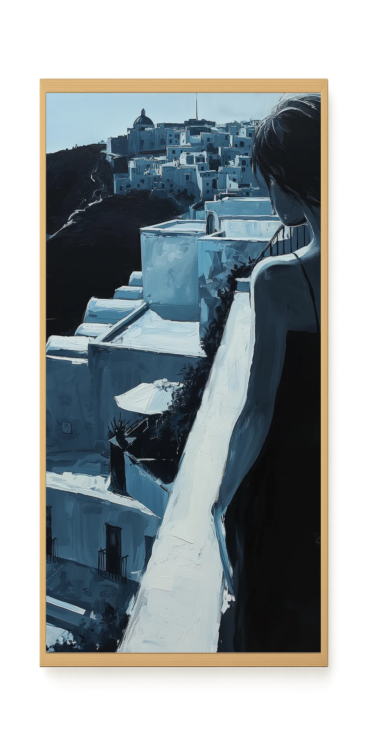 Woman Overlooking White Coastal Town Canvas Print
