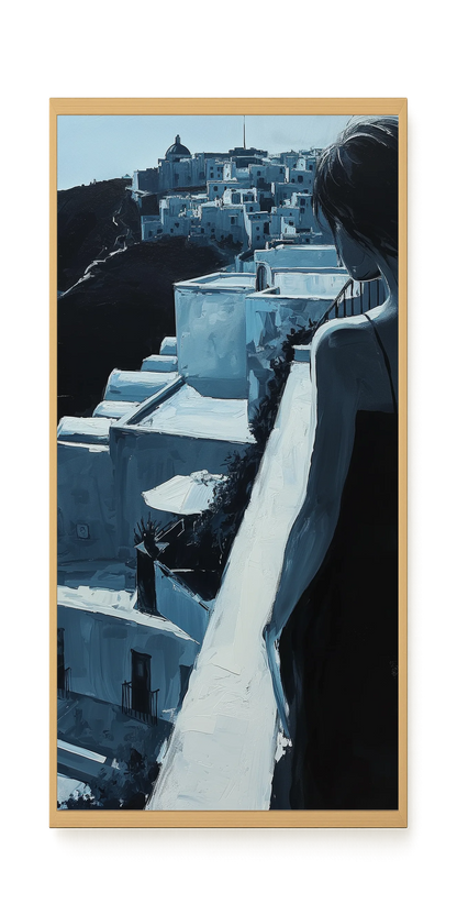 Woman Overlooking White Coastal Town Canvas Print