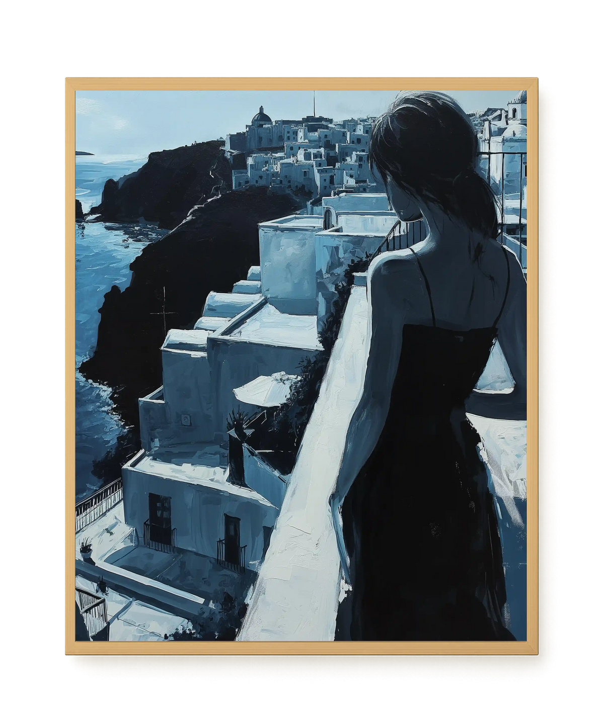Woman Overlooking White Coastal Town Canvas Print