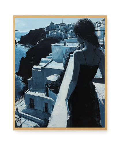 Woman Overlooking White Coastal Town Canvas Print