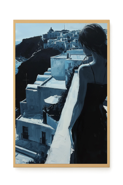 Woman Overlooking White Coastal Town Canvas Print