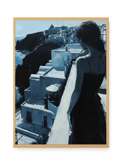 Woman Overlooking White Coastal Town Canvas Print