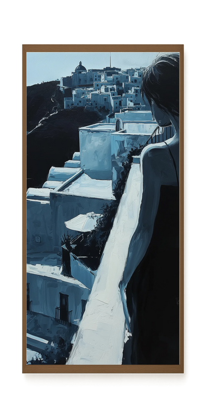 Woman Overlooking White Coastal Town Canvas Print