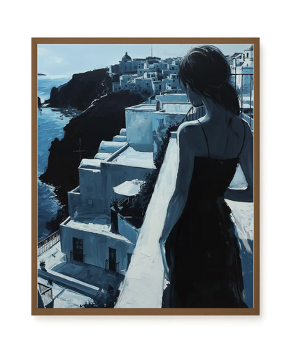 Woman Overlooking White Coastal Town Canvas Print