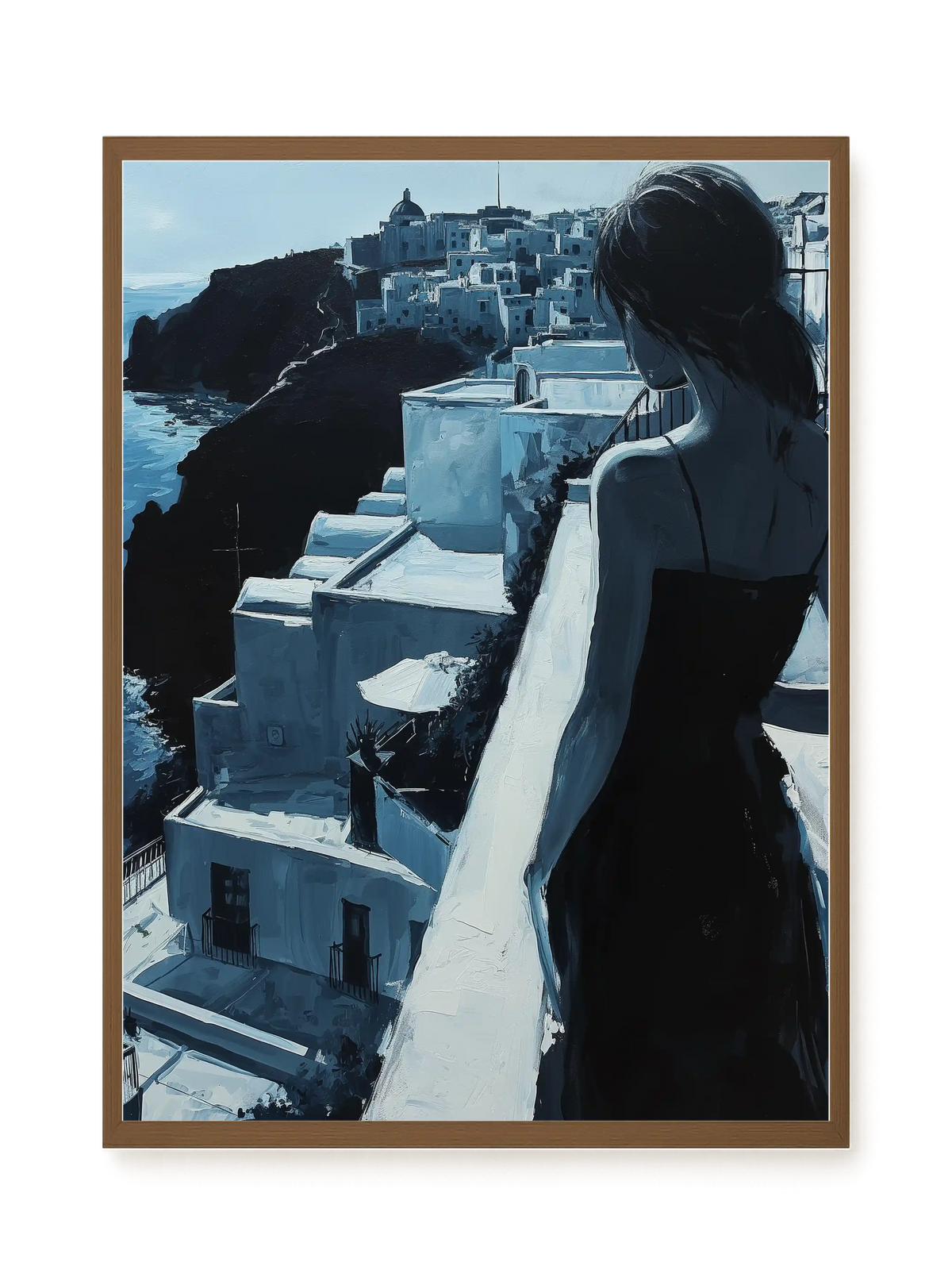 Woman Overlooking White Coastal Town Canvas Print