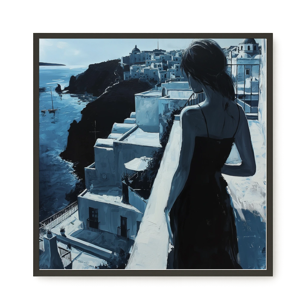 Woman Overlooking White Coastal Town Canvas Print