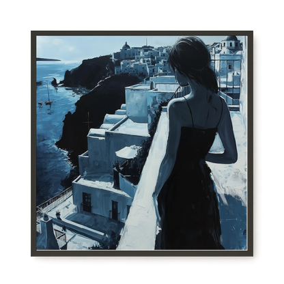 Woman Overlooking White Coastal Town Canvas Print