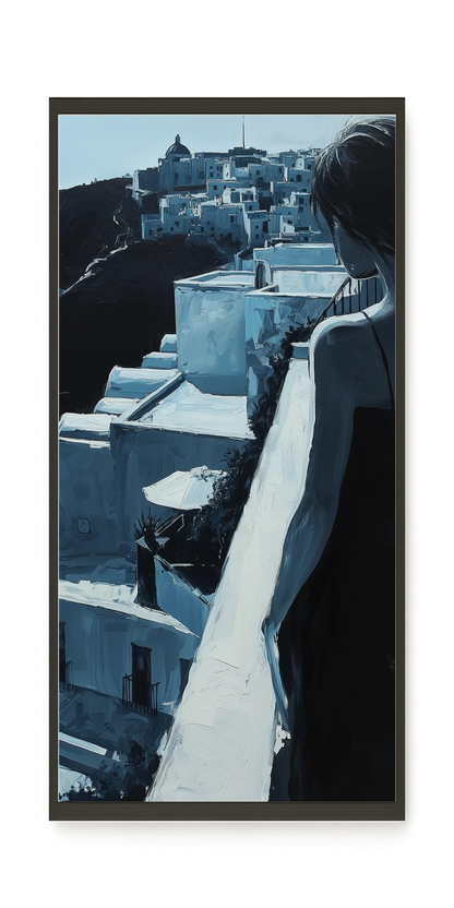 Woman Overlooking White Coastal Town Canvas Print