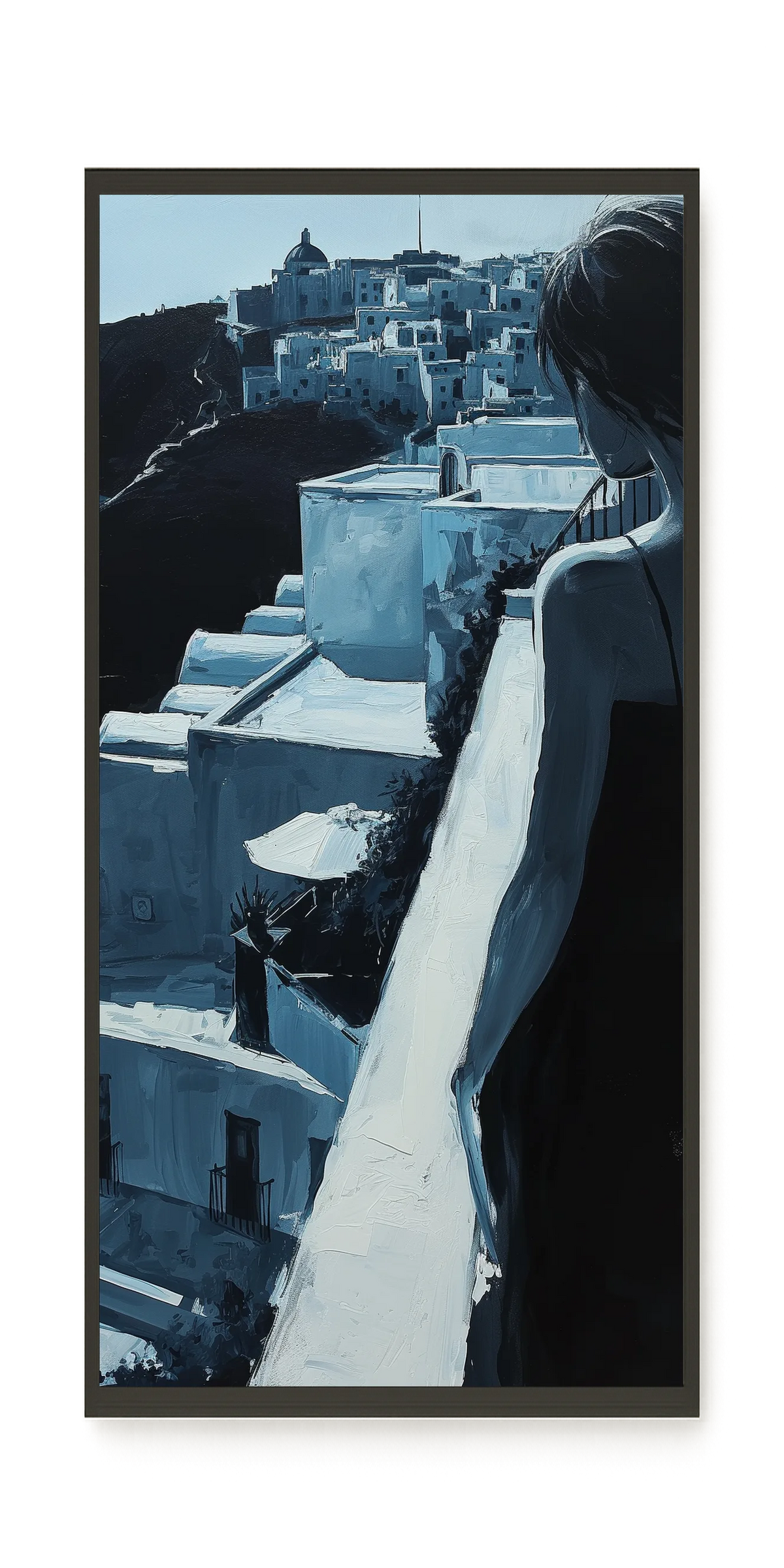 Woman Overlooking White Coastal Town Canvas Print
