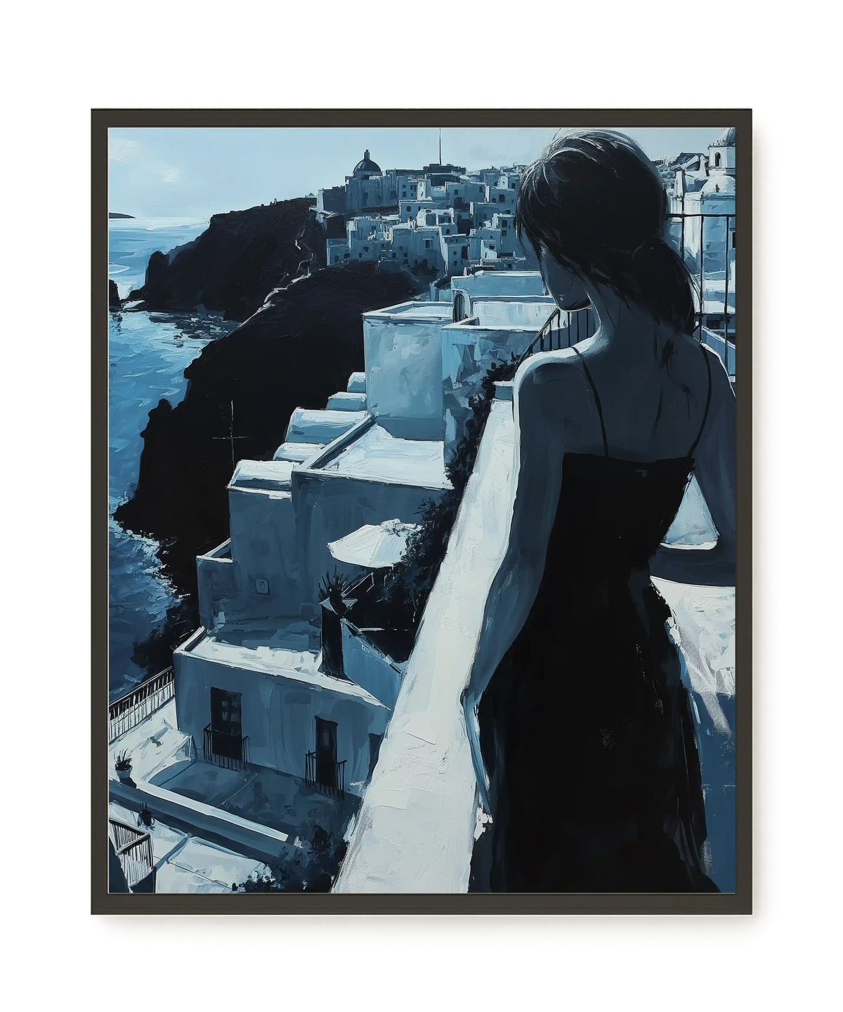 Woman Overlooking White Coastal Town Canvas Print