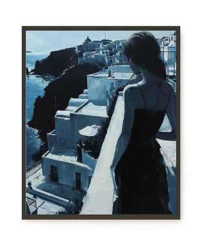 Woman Overlooking White Coastal Town Canvas Print