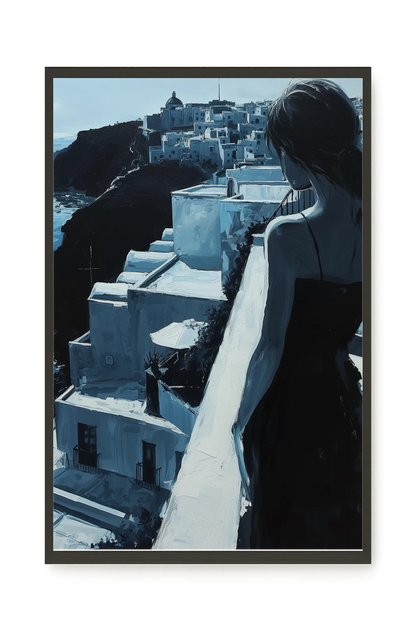 Woman Overlooking White Coastal Town Canvas Print