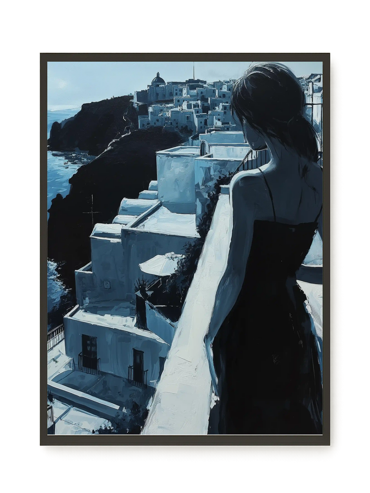 Woman Overlooking White Coastal Town Canvas Print